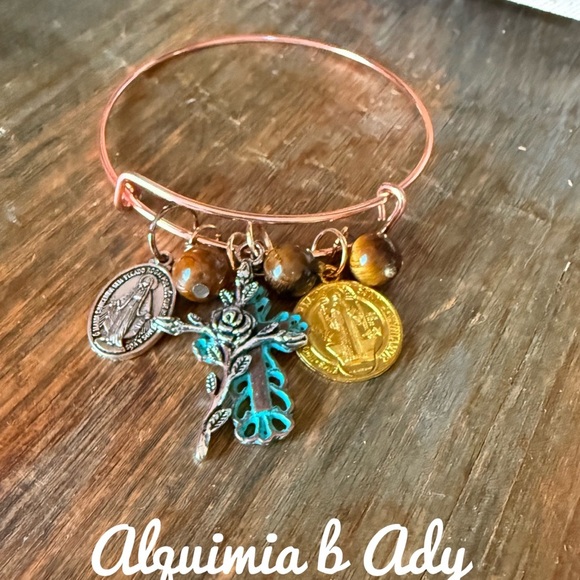 Statement bangle adjustable multi cross charms bracelet tigers eye - Picture 1 of 2